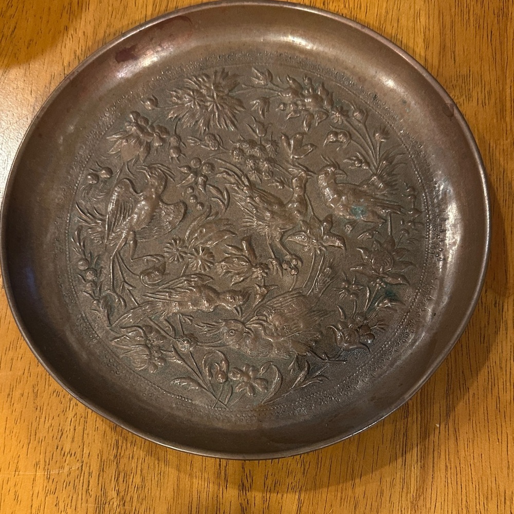 Decorative Copper Plate with Bird and Flower Design